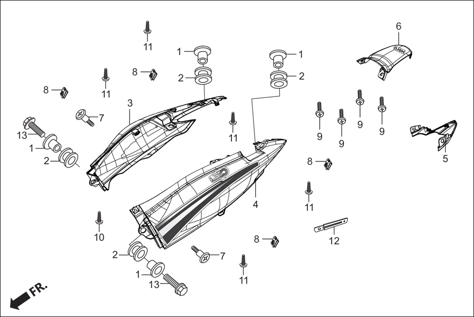 F-10 BODY COVER ( REAR COWL) assembly diagram for Hero Passion X PRO (Jan, 2018)