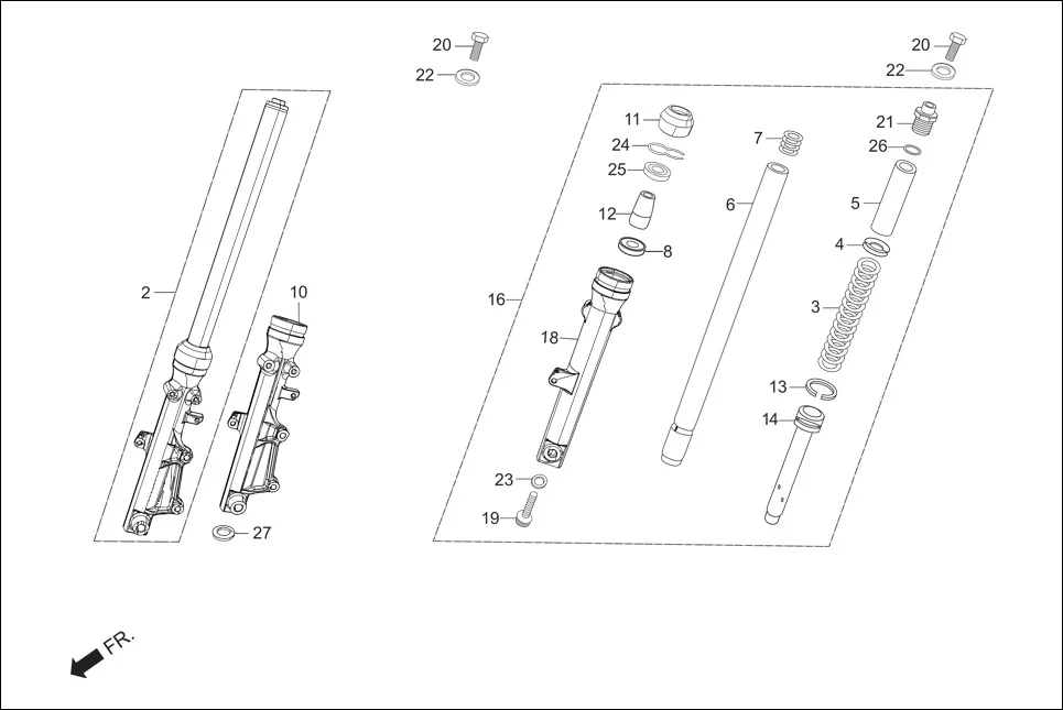 F-5-DISC FRONT FORK assembly diagram for Hero Passion X PRO (Jan, 2019)