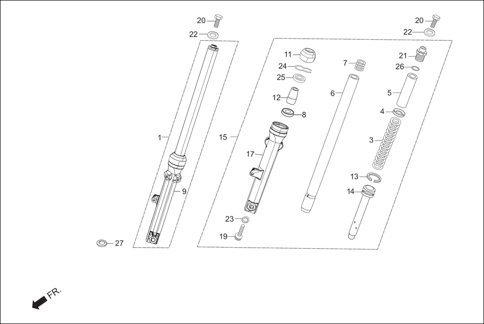 F-5-DRUM FRONT FORK assembly diagram for Hero Passion X PRO (Jan, 2019)