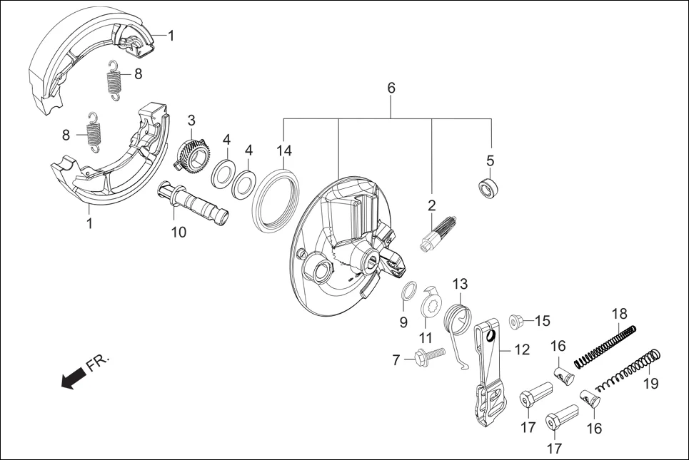 F-6-DRUM FR. BRAKE (BRAKE SHOE / PANEL ASSY.) assembly diagram for Hero Passion X PRO (Jan, 2019)