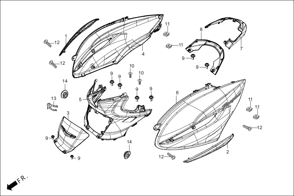 F-8-VX BODY COVER assembly diagram for Hero Pleasure + 110 (July,2022)
