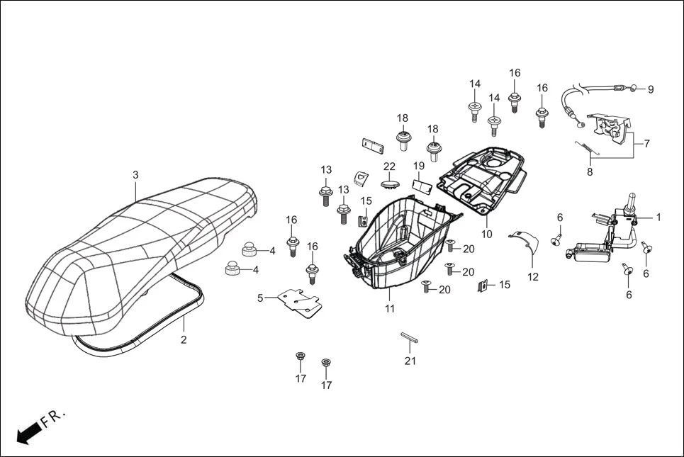 F-12-VX SEAT/LUGGAGE BOX/LIGHT ASSY. BOOT assembly diagram for Hero PLEASURE PLUS 110 BSVI OBD2 (Apr,2025)