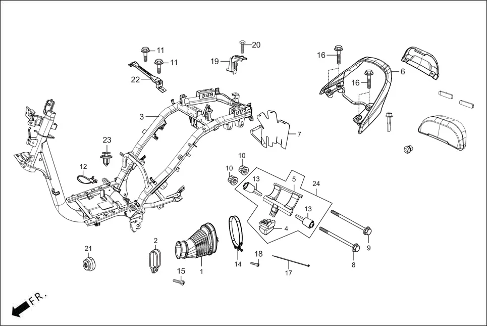 F-23 FRAME BODY assembly diagram for Hero PLEASURE PLUS 110 BSVI OBD2 (Apr,2025)