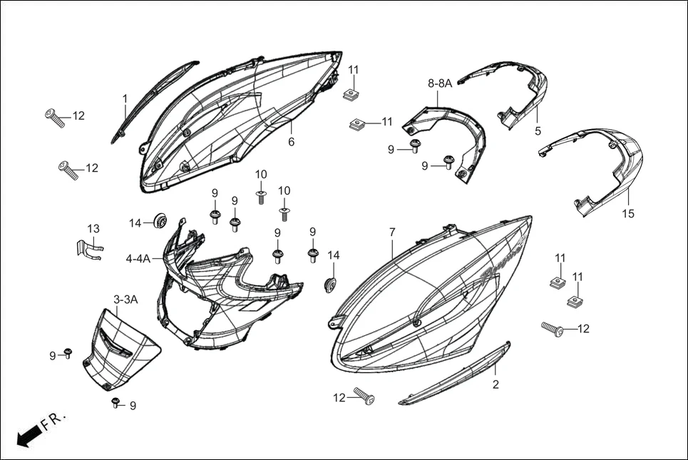 F-8-VX BODY COVER diagram showing 83450-ADE-3003