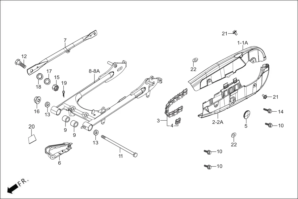 F-19 SWINGARM/CHAIN CASE assembly diagram for Hero SPLENDOR PLUS OBD2B(Apr., 2025)