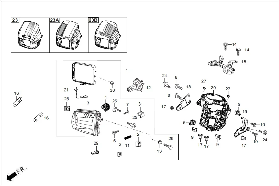F-1 HEADLIGHT/FR. VISOR assembly diagram for Hero SPLENDOR PLUS OBD2B(Apr., 2025)