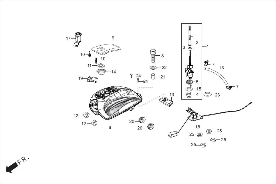 F-13 FUEL TANK assembly diagram for Hero Splendor+ iBS (Jan, 2019)