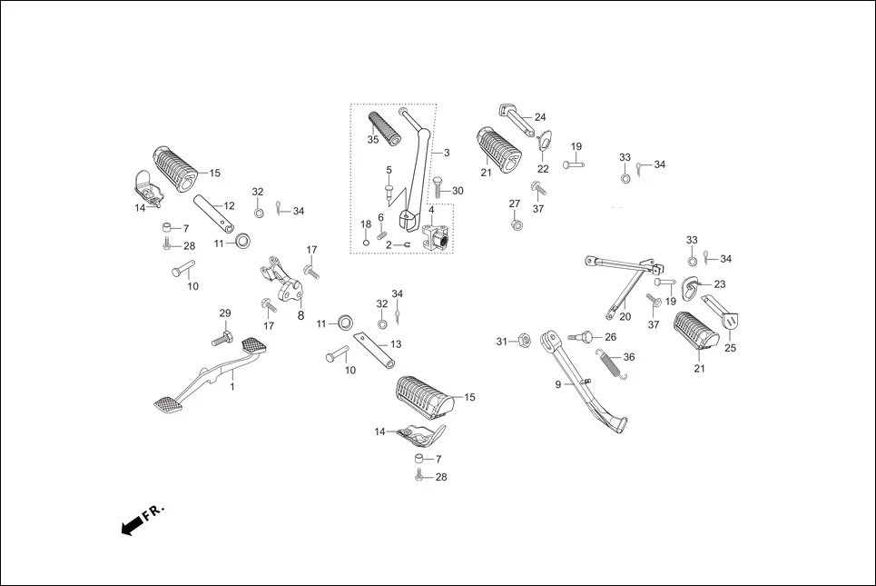 F-17-DRUM STEP ASSY./SELF STARTER/GEAR CHANGE PEDAL/SIDE STAND/PILLION STEP. assembly diagram for Hero Splendor+ iBS (Jan, 2019)