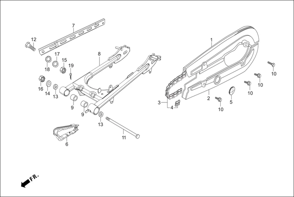F-19 SWINGARM/CHAIN CASE assembly diagram for Hero Splendor+ iBS (Jan, 2019)