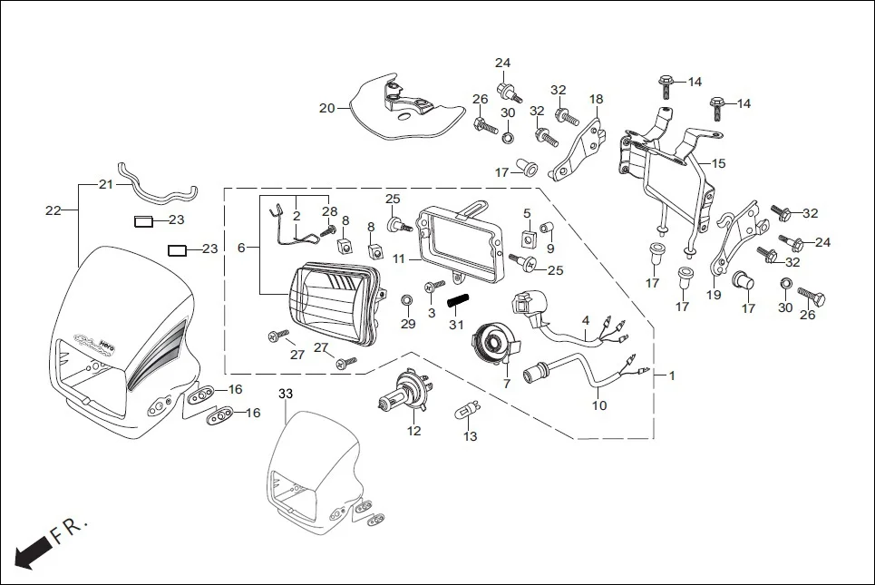 F-1 HEADLIGHT / FR. VISOR assembly diagram for Hero Splendor+ iBS (Jan, 2019)