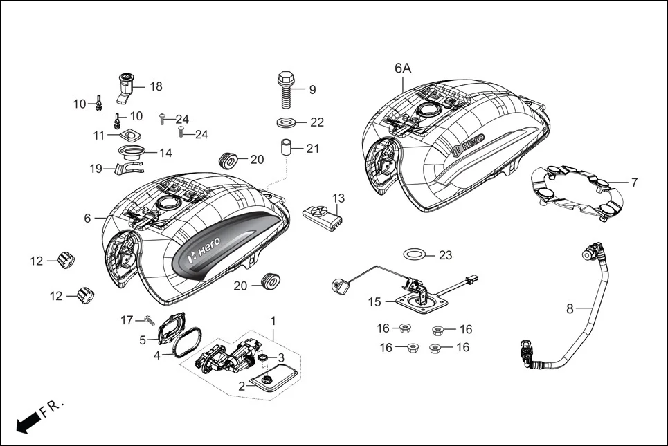 F-13 FUEL TANK assembly diagram for Hero Splendor+ iBS BSVI(Dec,2021)