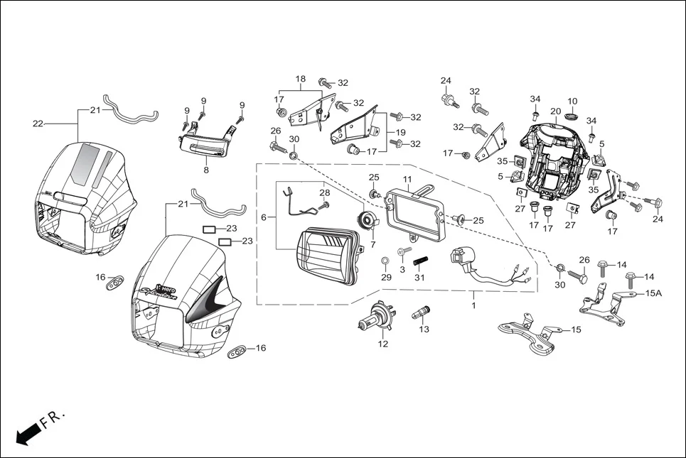 F-1-TECHNO HEADLIGHT/FR. VISOR assembly diagram for Hero Splendor Plus(Jan, 2023)