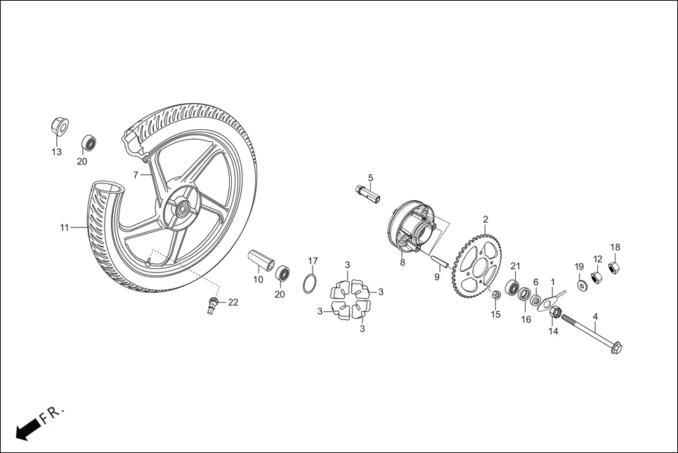 F-11-TECHNO REAR WHEEL assembly diagram for Hero Splendor Plus(Jan, 2023)