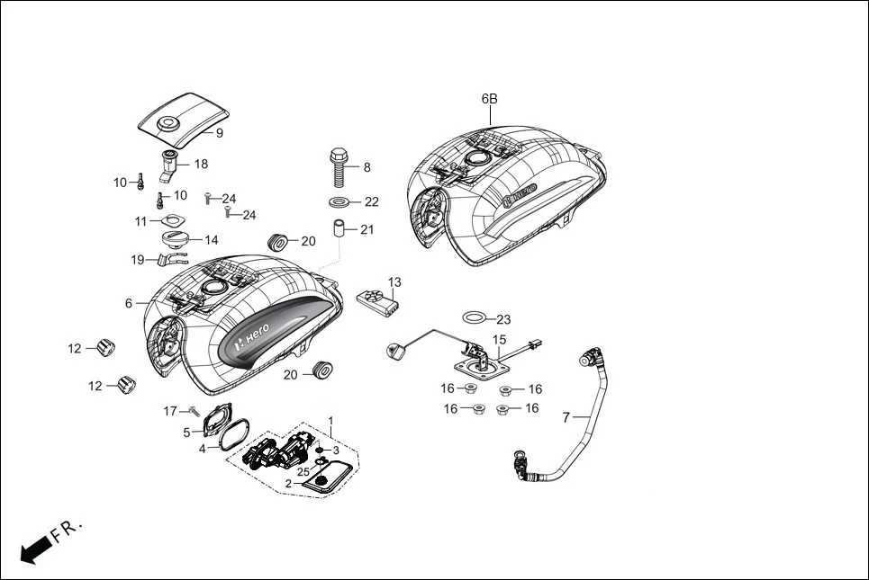 F-13-SELF-I3S FUEL TANK assembly diagram for Hero Splendor Plus(Jan, 2023)
