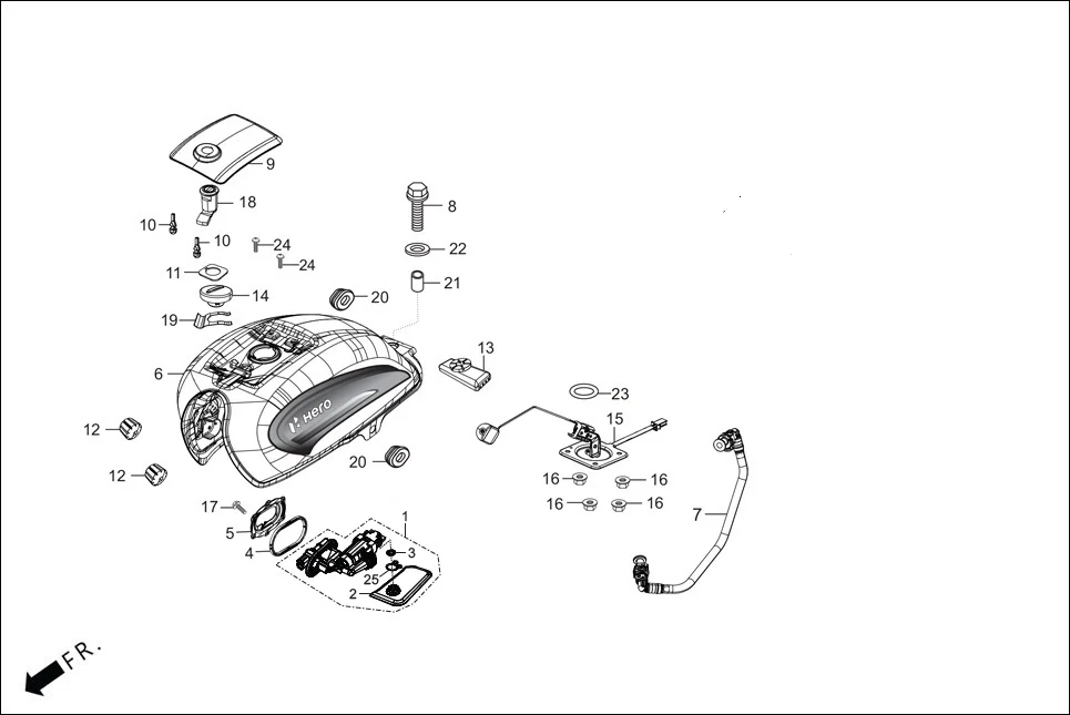 F-13-SELF FUEL TANK assembly diagram for Hero Splendor Plus(Jan, 2023)