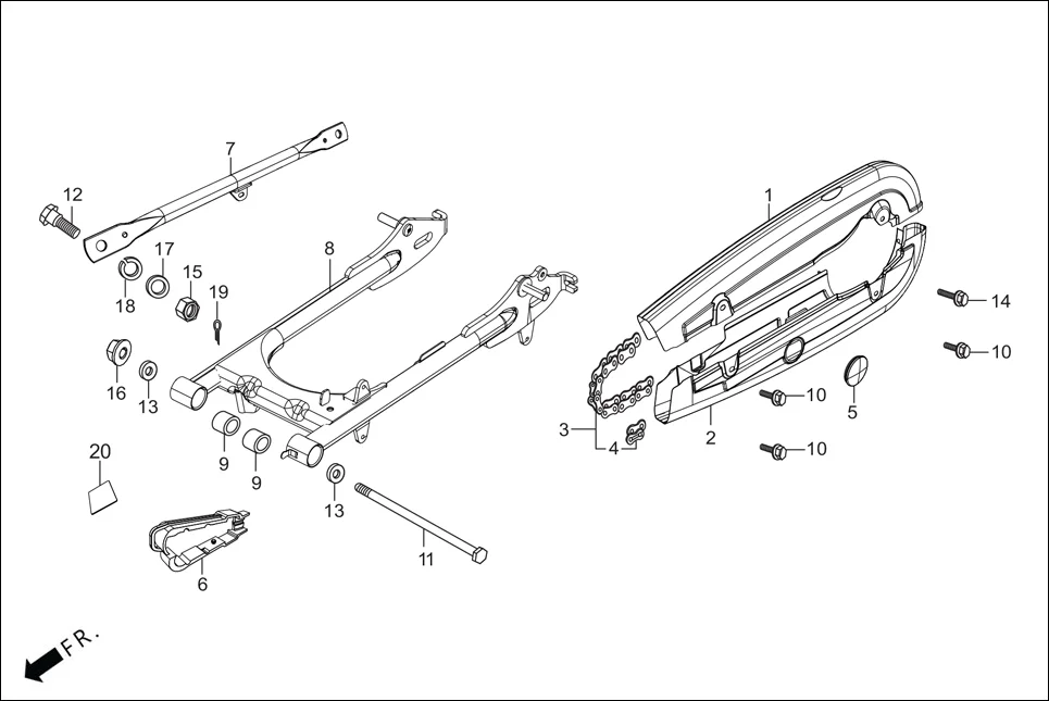 F-19 SWINGARM/CHAIN CASE assembly diagram for Hero Splendor Plus(Jan, 2023)