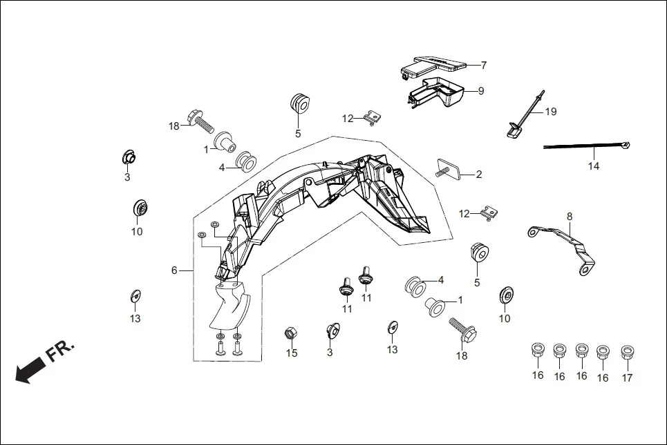 F-18 REAR FENDER assembly diagram for Hero Super Splendor (Nov, 2017)