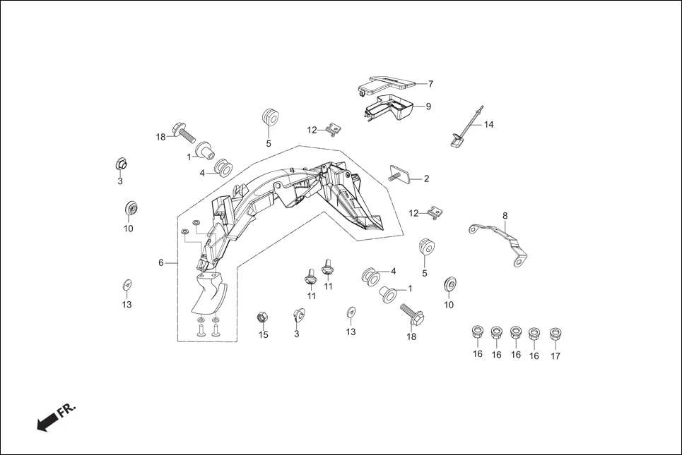 F-18 REAR FENDER assembly diagram for Hero Super Splendor iBS (Feb, 2019)