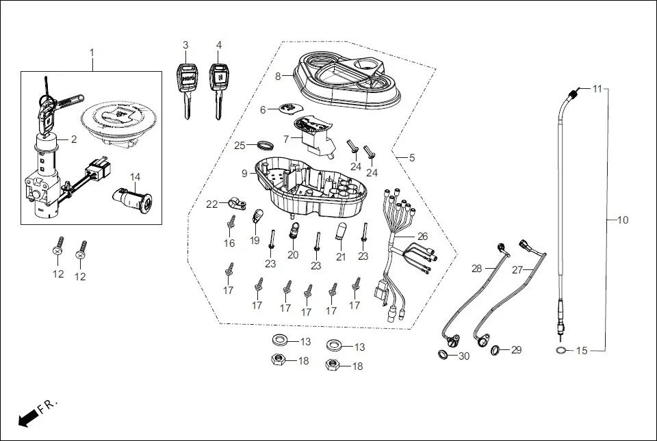 F-2-DISC SPEEDOMETER/CABLE/KEY SET diagram showing 37701-AAN-B01