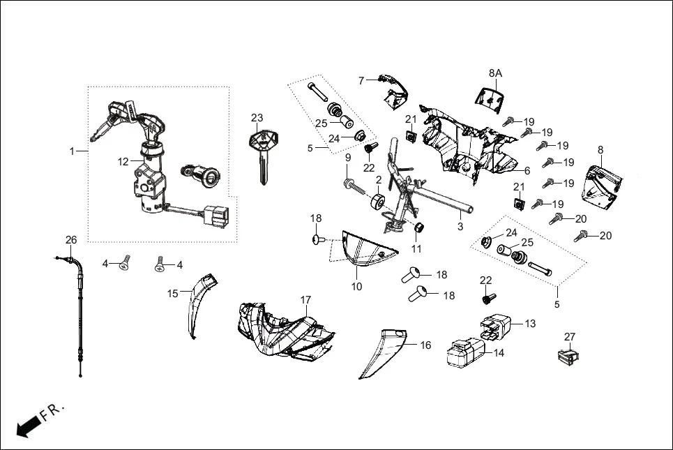 F-4-DISC STEERING HANDLE/HANDLE COVER assembly diagram for Hero XOOM 125 OBD2(Apr., 2025)