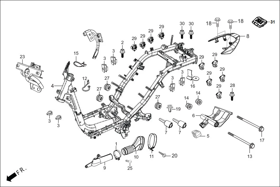 F-23-VX FRAME BODY assembly diagram for Hero XOOM 110 BSVI OBD II(April,2023)