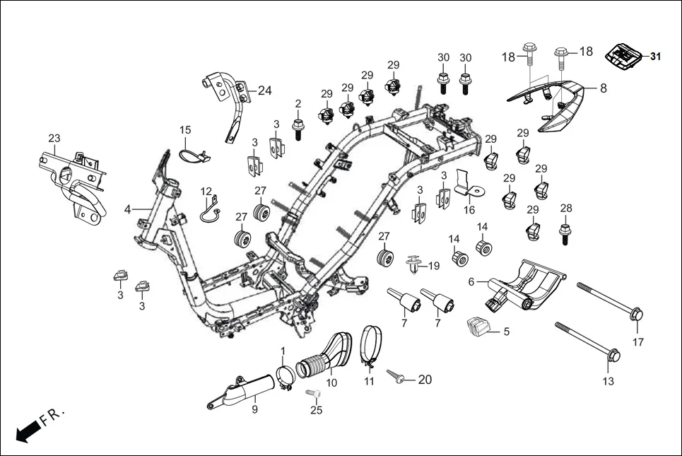 F-23-ZX FRAME BODY assembly diagram for Hero XOOM 110 BSVI OBD II(April,2023)