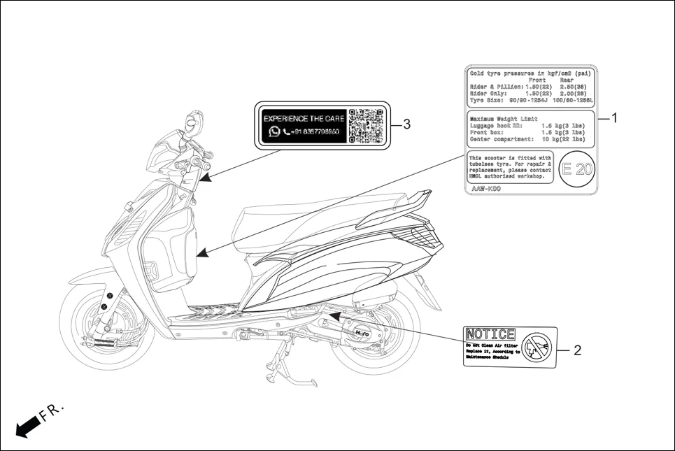 F-25 CAUTION LABEL assembly diagram for Hero XOOM 110 BSVI OBD II(April,2023)
