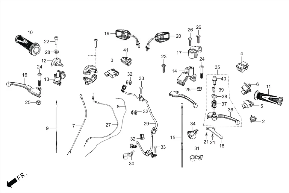 F-3-VX HANDLE LEVER/SWITCH/CABLE assembly diagram for Hero XOOM 110 BSVI OBD II(April,2023)