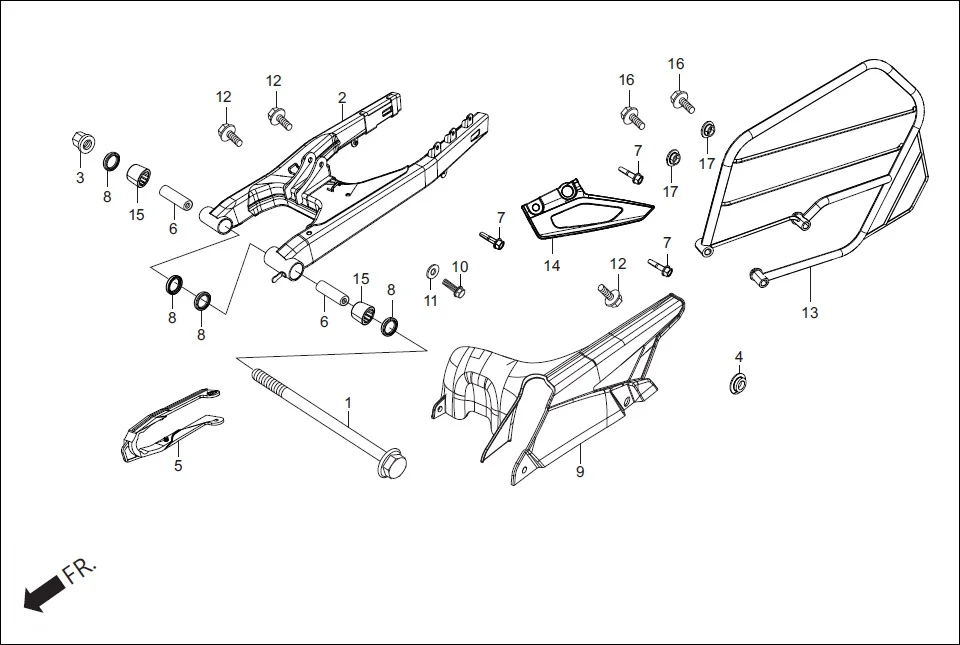 F-18A SWINGARM / GUARD SAREE / CHAIN CASE assembly diagram for Hero Xpulse 200 4V(July 2022)