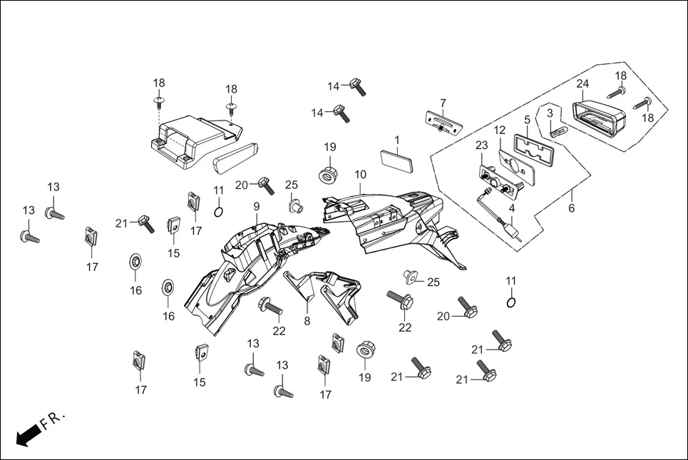 F-20 REAR FENDER assembly diagram for Hero XPULSE 200 OBDII 4V(April,2023)