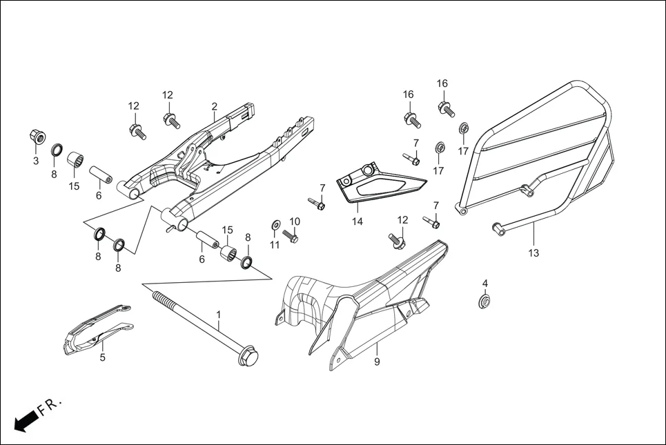 F-18A SWINGARM / GUARD SAREE / CHAIN CASE assembly diagram for Hero XPULSE 200 4V(NOV.,2024)