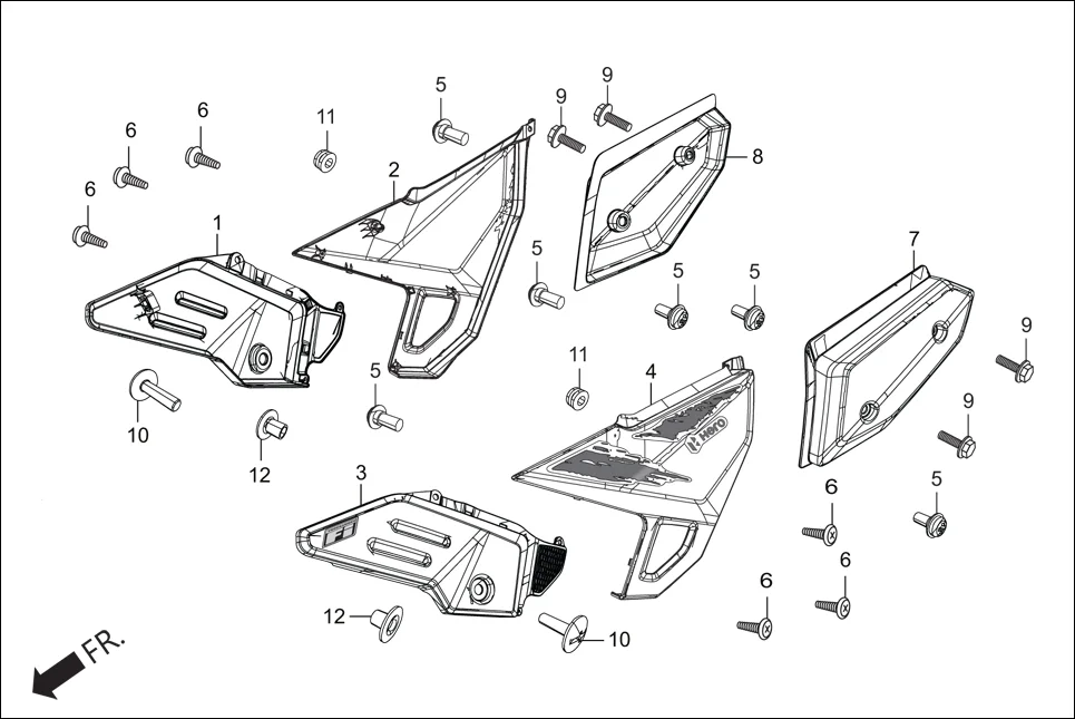 F-12 SIDE COVER assembly diagram for Hero Xpulse 200 2V BSVI (Jun, 2020)