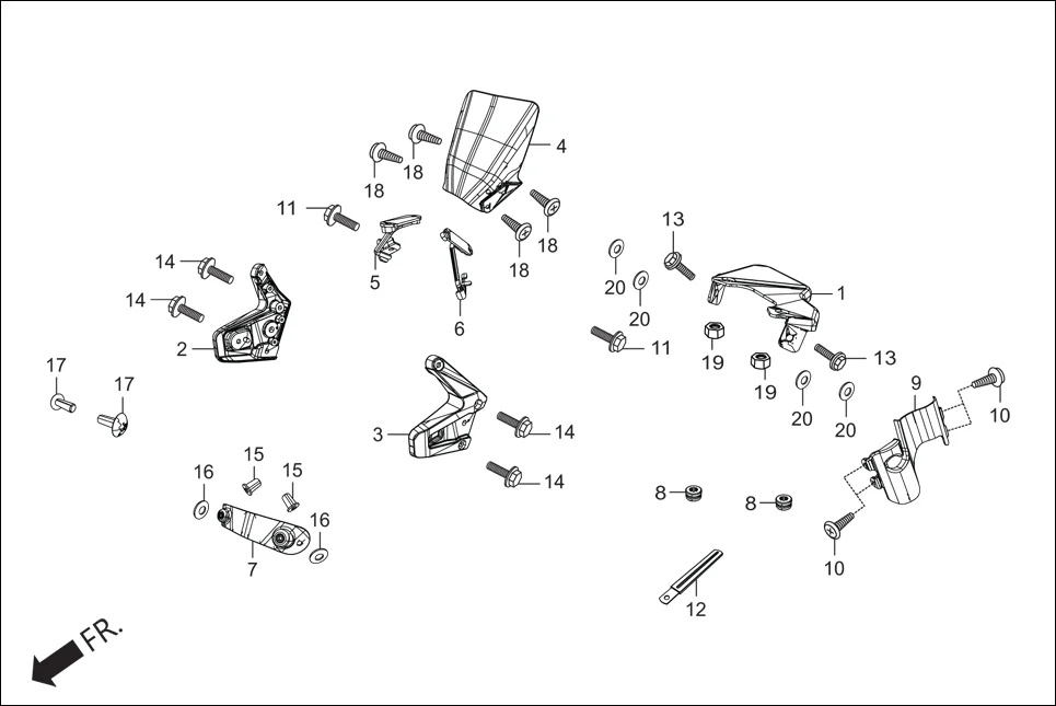 F-1A FAIRING (FR. VISOR/COWL/STAY) assembly diagram for Hero Xpulse 200 2V BSVI (Jun, 2020)