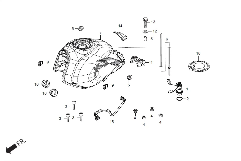 F-11 FUEL TANK / FUEL UNIT assembly diagram for Hero Xpulse 200FI (May, 2019)
