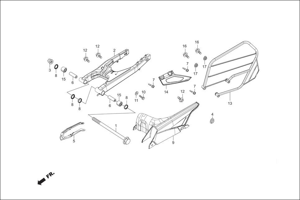 F-18A SWINGARM / GUARD SAREE / CHAIN CASE assembly diagram for Hero Xpulse 200FI (May, 2019)
