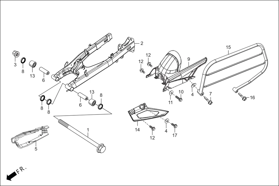 F-18A SWINGARM / GUARD SAREE / CHAIN CASE assembly diagram for Hero XPULSE 200T OBD II(Jun,2023)