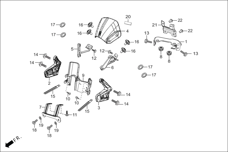 F-1A-WO_CONNECT FAIRING (FR. VISOR/COWL/STAY) assembly diagram for Hero XPULSE 200T OBD II(Jun,2023)