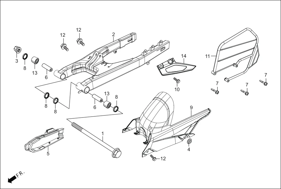F-18A SWINGARM / GUARD SAREE / CHAIN CASE assembly diagram for Hero Xpulse 200T FI BSVI (Feb, 2021)
