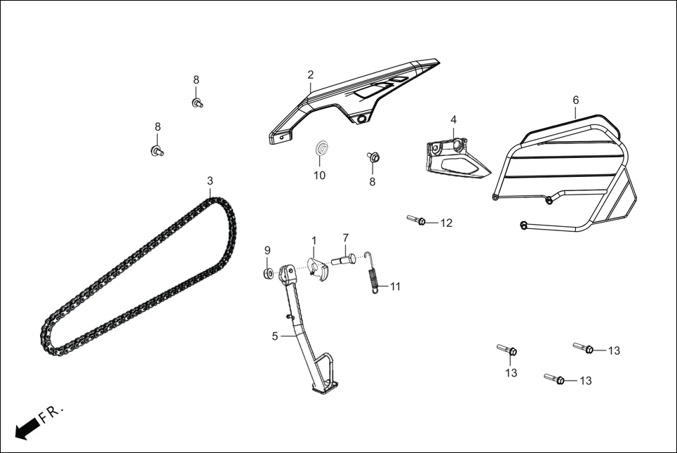 F-19A CHAIN CASE &amp; STAND assembly diagram for Hero XPULSE 210LC OBDIIP2 (MAR.,2025)