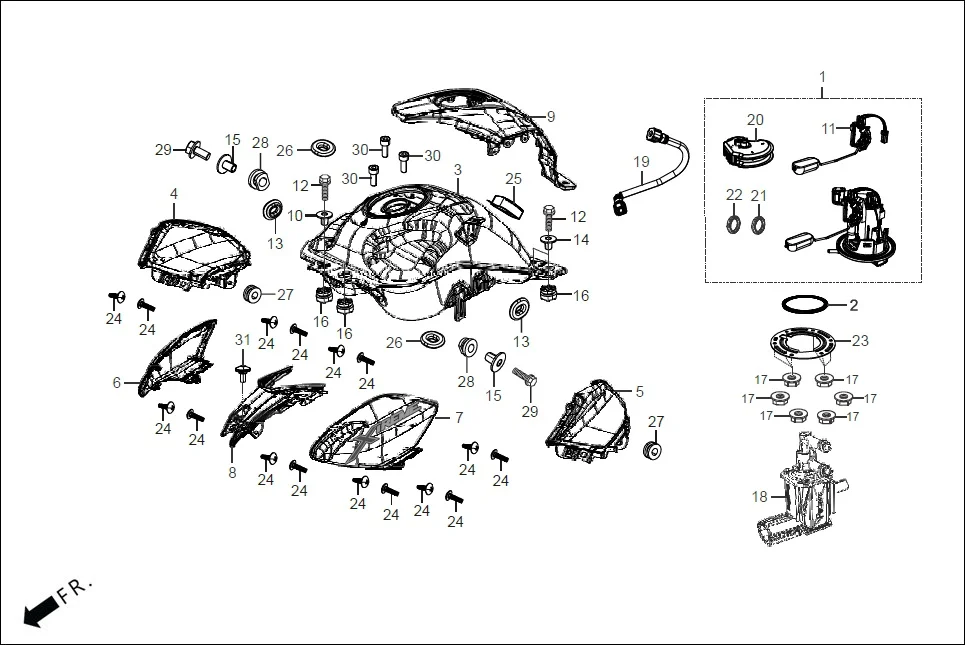 F-13 FUEL TANK diagram showing 17565-ACL-000M