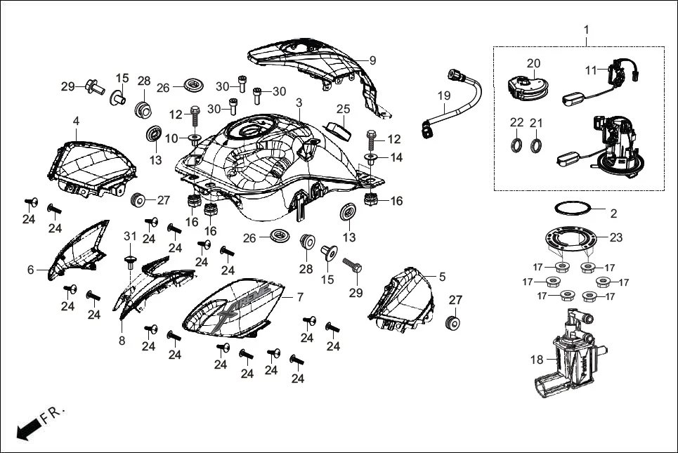 F-13 FUEL TANK assembly diagram for Hero XTREME 125R OBD II(Apr., 2025)