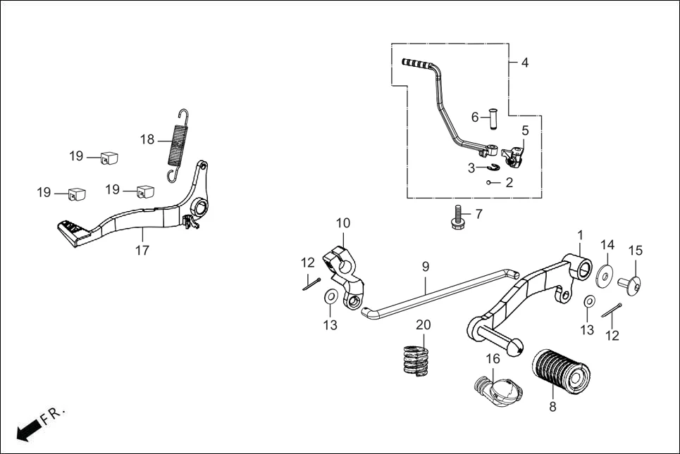 F-18 KICK STARTER/GEAR CHANGE PEDAL/BRAKE PEDAL assembly diagram for Hero XTREME 125R OBD II(Apr., 2025)