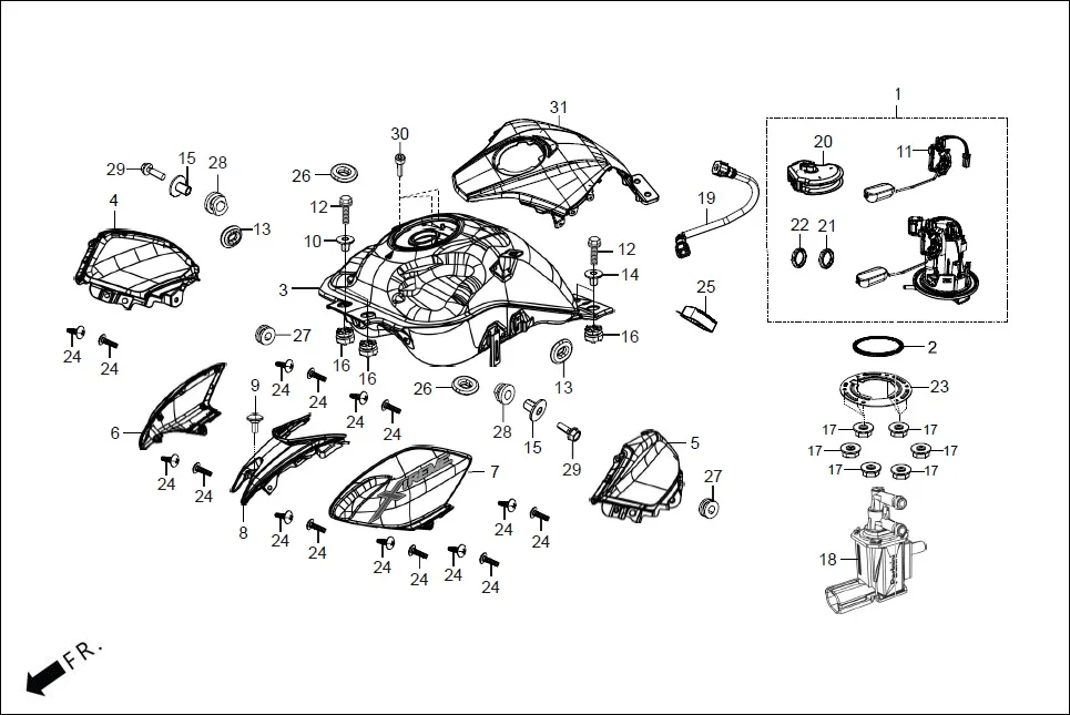 F-13-TFT FUEL TANK assembly diagram for Hero XTREME 125 XTEC2(Oct.,2025)