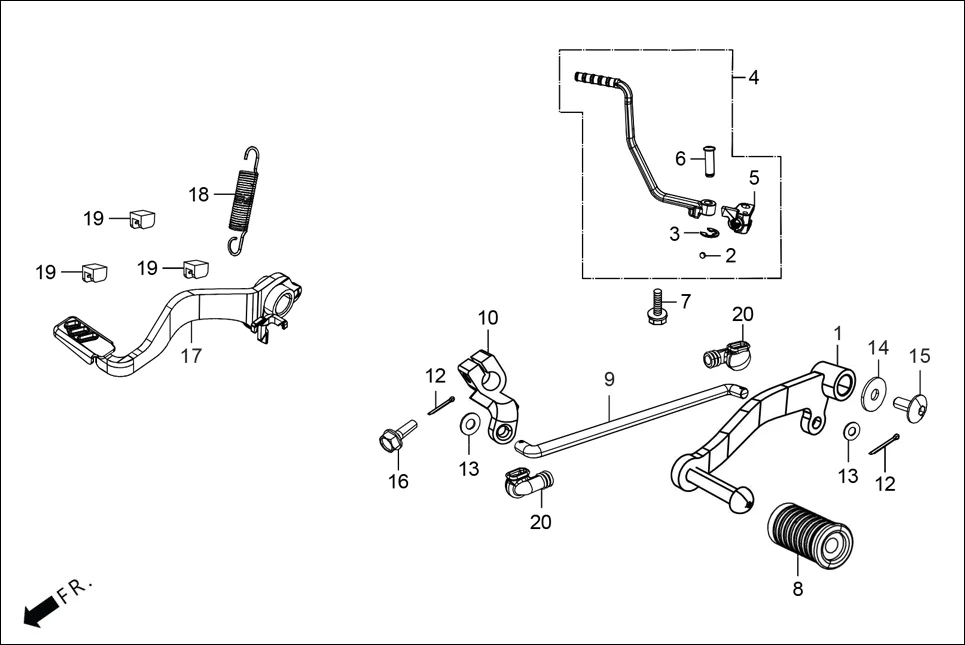 F-18 KICK STARTER/GEAR CHANGE PEDAL/BRAKE PEDAL assembly diagram for Hero XTREME 125 XTEC2(Oct.,2025)
