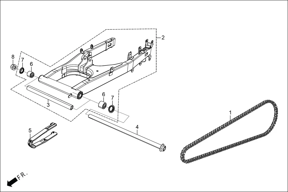 F-19 REAR FORK/CHAIN CASE/SWINGARM assembly diagram for Hero XTREME 125 XTEC2(Oct.,2025)