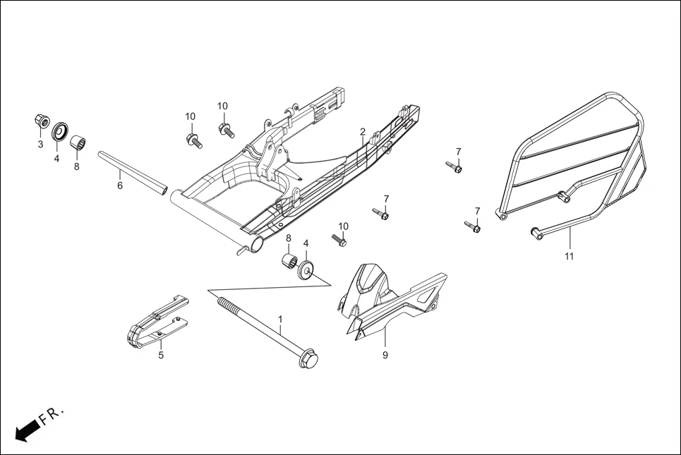 F-18A SWINGARM / GUARD SAREE / CHAIN CASE assembly diagram for Hero XTREME 160R(JULY,2025)