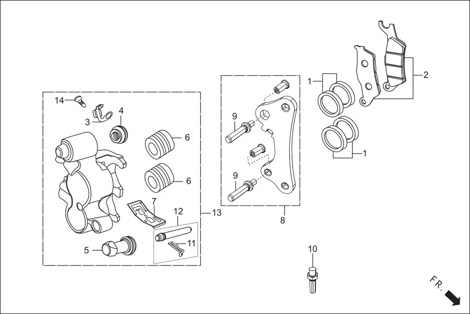 F-4B FRONT BRAKE(CALIPER ASSY ‘R’ FR.) diagram showing 45352-KCC-841