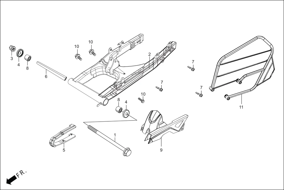 F-18A_BASE SWINGARM / GUARD SAREE / CHAIN CASE assembly diagram for Hero XTREME 160 4V FLAT PILLION(JULY, 2024)