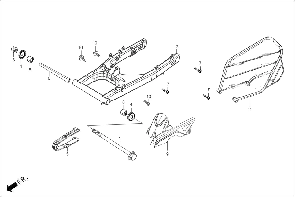 F-18A-MID-BASE SWINGARM / GUARD SAREE / CHAIN CASE assembly diagram for Hero XTREME 160R(JUNE,2025)