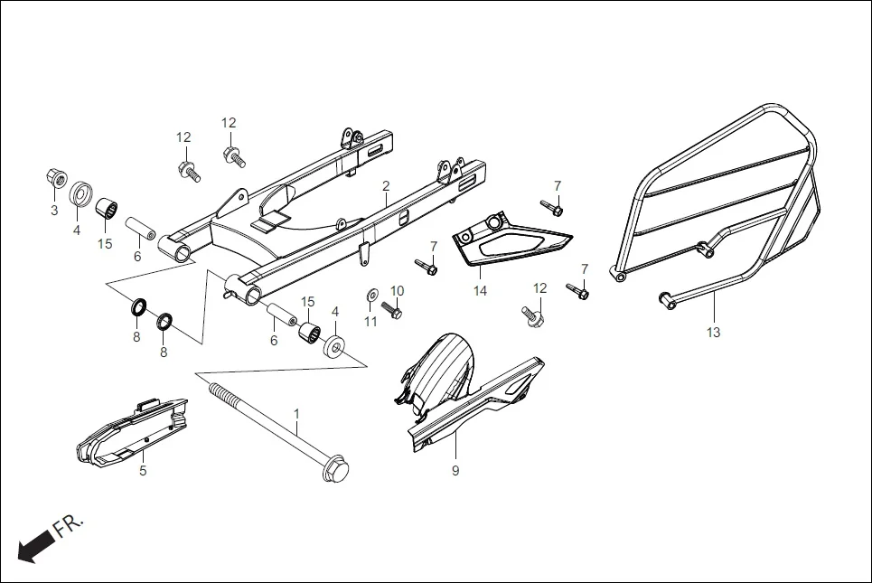 F-18A SWINGARM /GUARD SAREE CHAIN CASE assembly diagram for Hero Xtreme 200S (May, 2019)